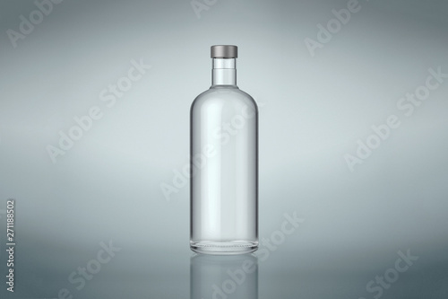 Clear wine or vodka bottle with silver cap. Isolated on gray background. Stock mock up. High resolution.