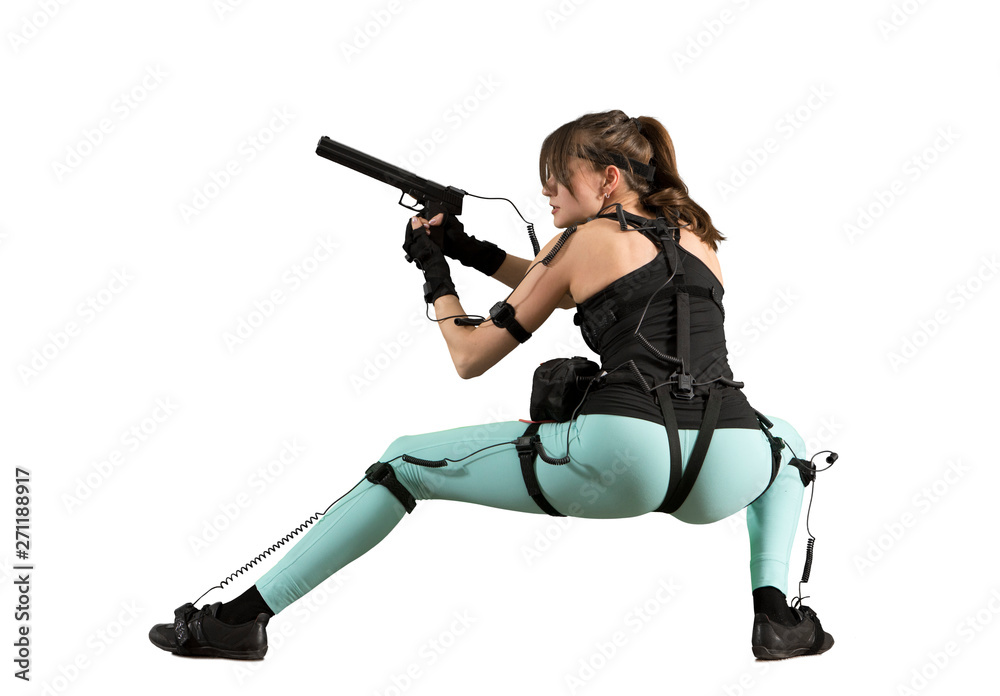 Woman playing on the simulator virtual reality, holding gun Woman playing on the simulator virtual reality, holding gun