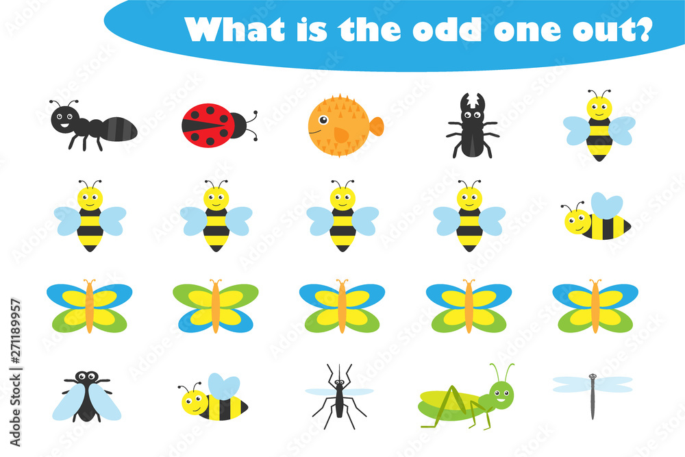 What is the odd one out for children, insects theme in cartoon style, fun  education game for kids, preschool worksheet activity, task for the  development of logical thinking, vector illustration Stock Vector |