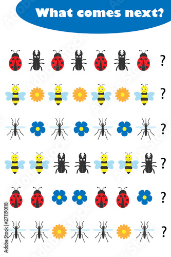 What comes next with insects pictures for children, fun education game for kids, preschool worksheet activity, task for the development of logical thinking, vector illustration