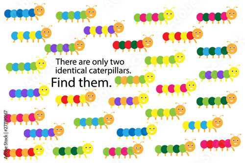 Find two identical caterpillars, spring fun education puzzle game for children, preschool worksheet activity for kids, task for the development of logical thinking and mind, vector illustration