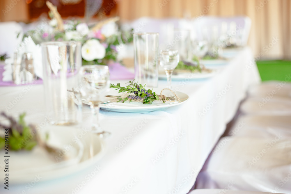 Light white lavander flower served wedding table plate fork knife Light white lavander flower served wedding table plate fork knife