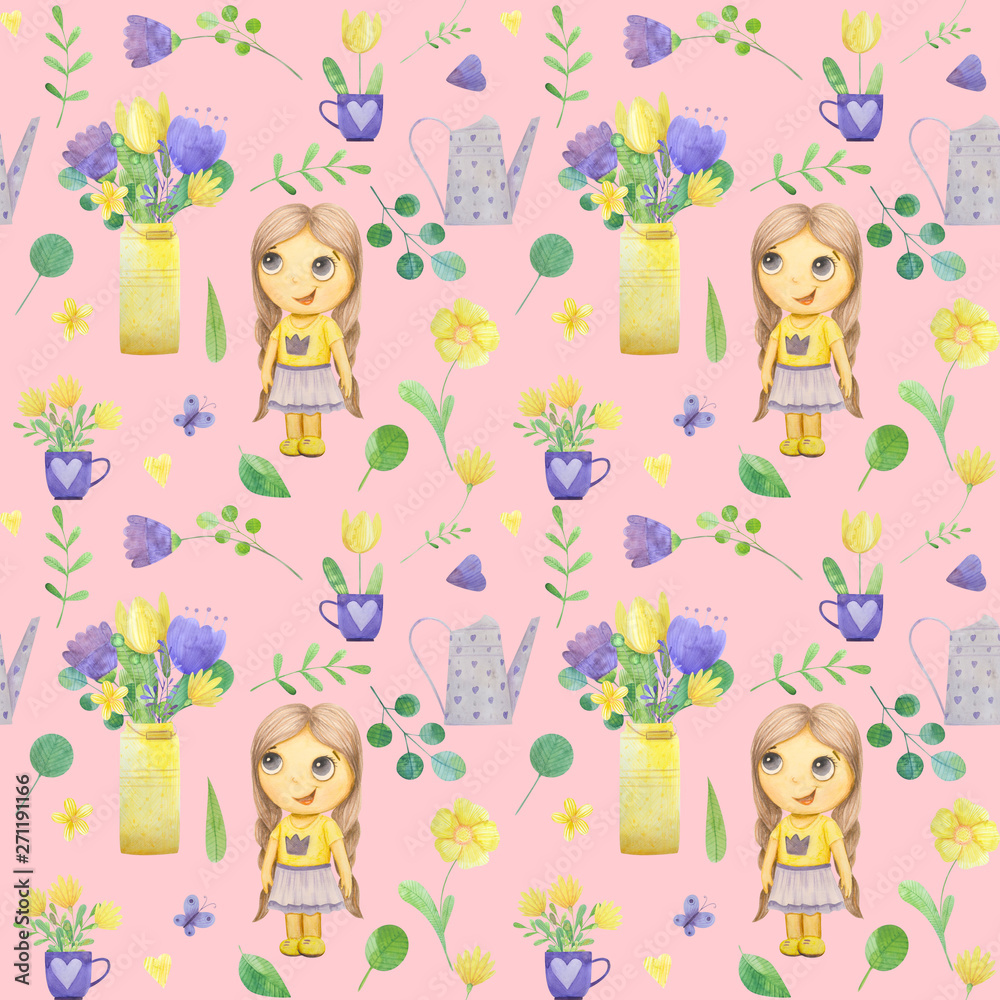 seamless pattern with cute watercolor illustration of girl and stylized flowers.