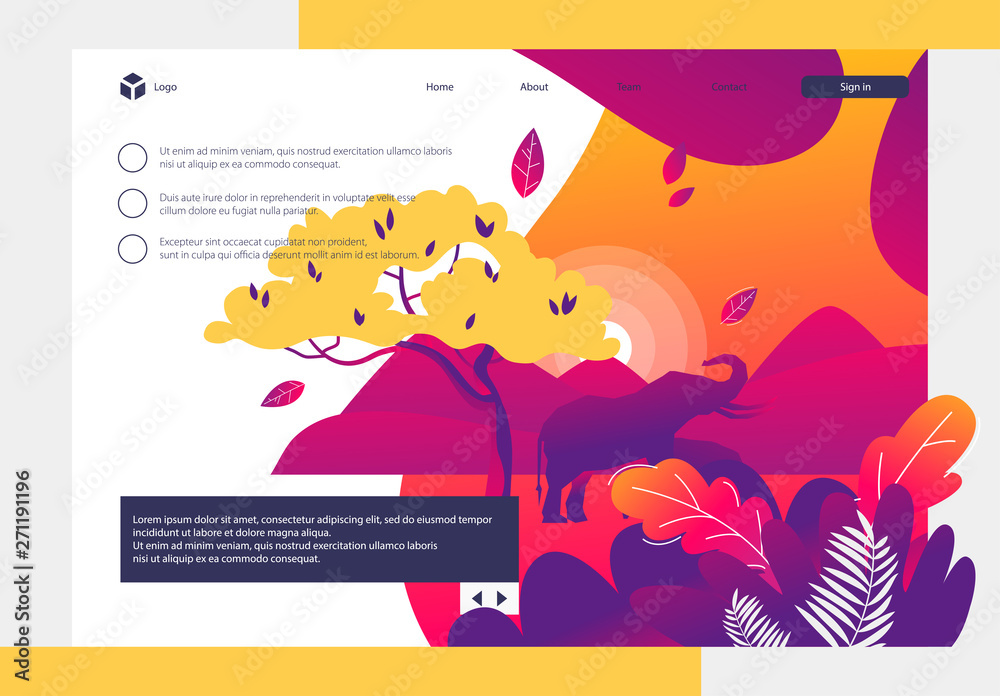Naklejka premium Vector image of African landscape, Safari, tree with leaves, elephant silhouette, African motif, plants in the foreground