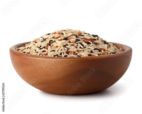 Wooden bowl with mixed rice. Natural products, healthy food.