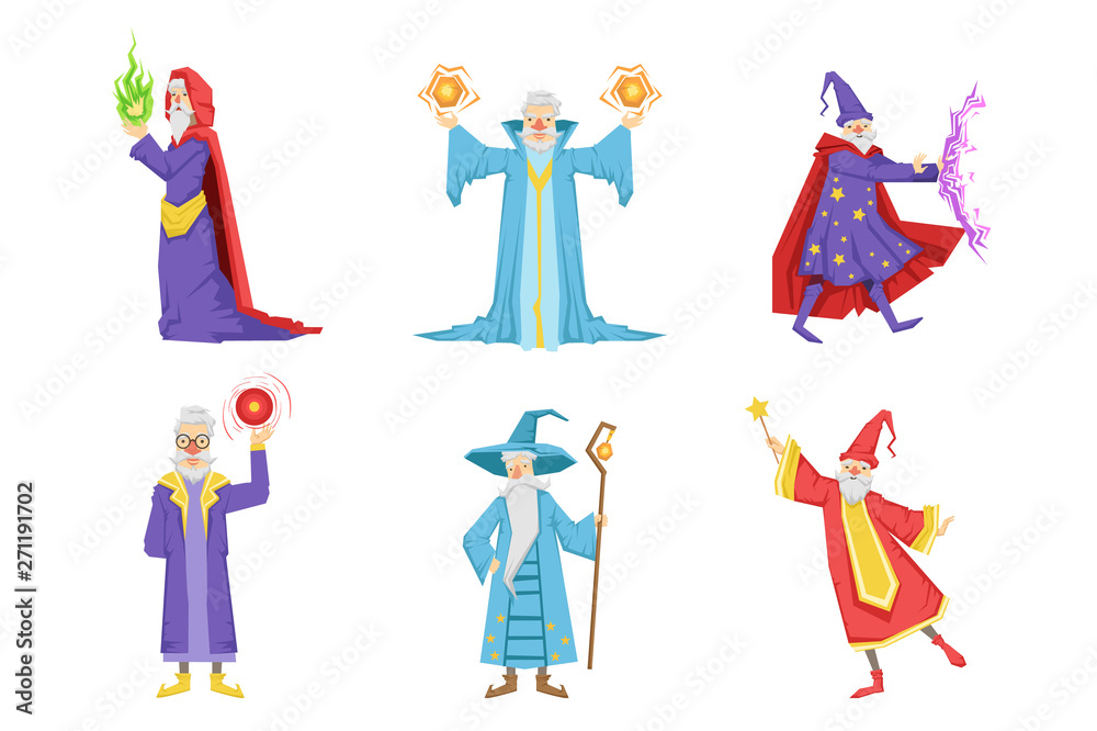 Flat vector set of gray-bearded wizards. Cartoon characters of old men s with magical powers. Elements for mobile game or children book