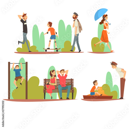 People Relaxing and Doing Sports in Park, Men, Women and Children Spending Time and Enjoying Nature Outdoors Vector Illustration