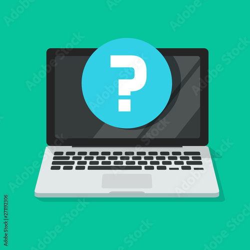 Question mark on computer screen vector icon, flat cartoon laptop pc with question symbol, idea of internet problem, online asking, faq help or questionnaire sign clipart