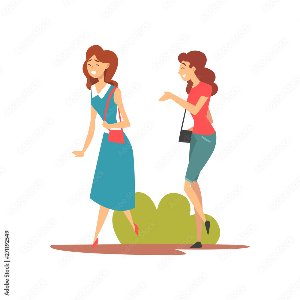 Two Smiling Girls Walking in Park, Young Women Talking and Enjoying Nature Outdoors Vector Illustration