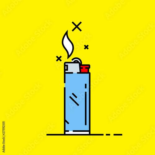 Cigarette lighter icon. Blue lighter symbol with flame and spark isolated on yellow background. Vector illustration.