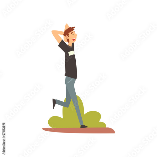 Young Man in Casual Clothes Walking in Park, Guy Relaxing and Enjoying Nature Outdoors Vector Illustration