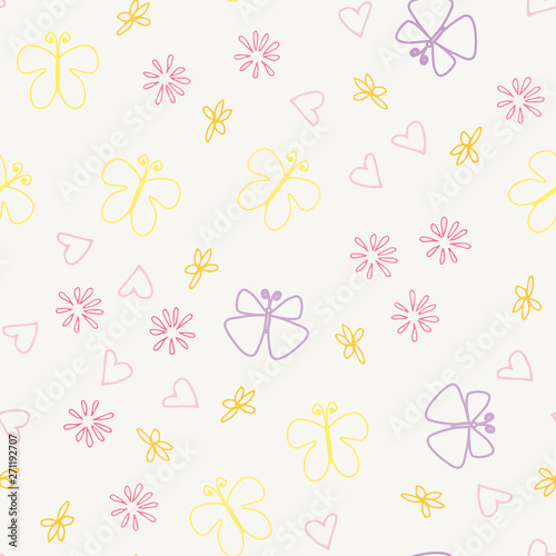 Seamless multicolored doodle background with flowers and butterflies. Vector illustration for packaging and printing on fabric