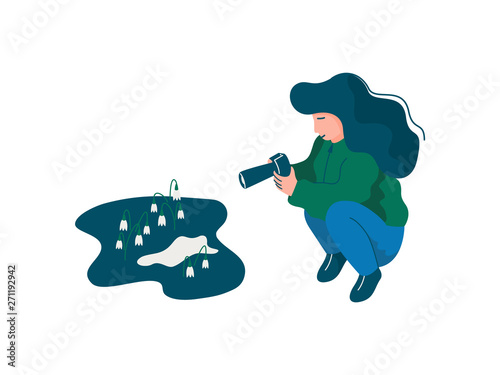 Girl Dressed in Seasonal Clothes Photographing Spring Flowers, Spring Season Outdoor Activities Vector Illustration