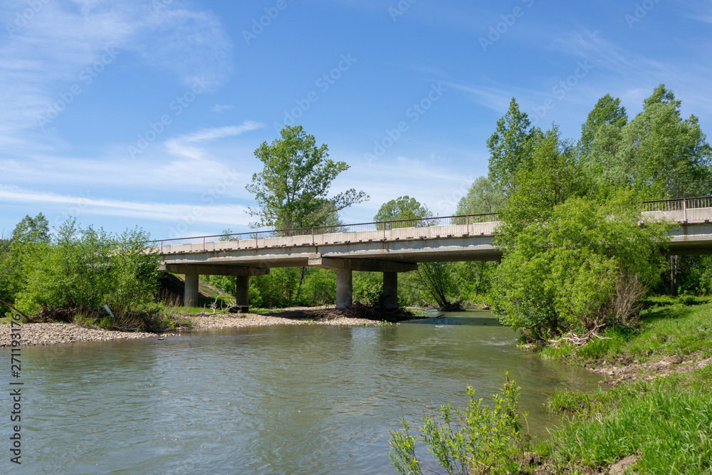Reinforced concrete road bridge over a picturesque river. Landscape.