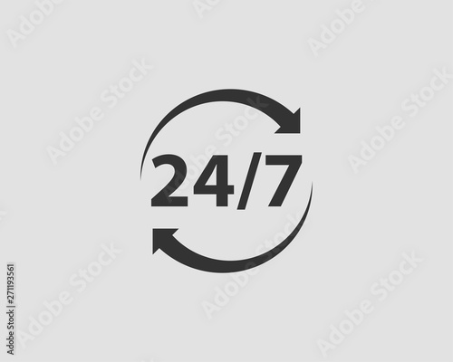 24/7 icon vector. 24 hour service clock.