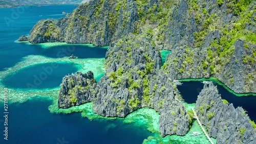 Aerial view of beautiful lagoons and limestone cliffs of Coron, Palawan, Philippines