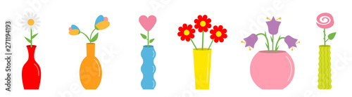 Flower in vase set. Cute colorful icon collection. Ceramic Pottery Glass decoration template. White background. Isolated. Flat design.