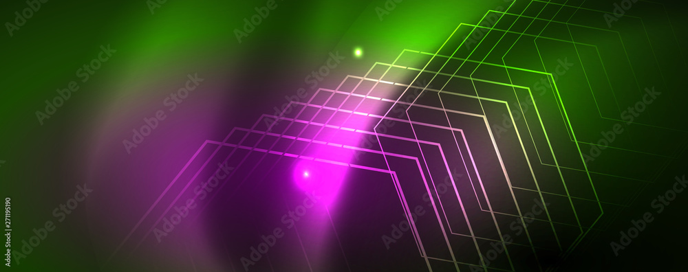 Obraz premium Techno glowing background, futuristic dark template with neon light effects and simple forms, vector