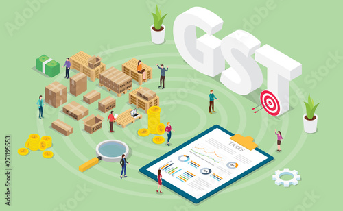 gst goods services tax concept with team people and finance graph chart with modern isometric style - vector