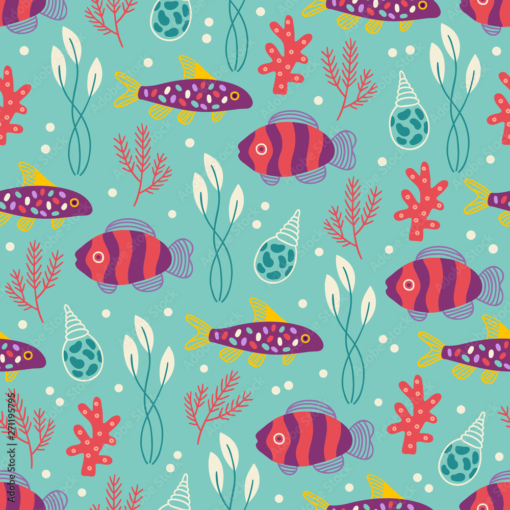 Sea seamless pattern with fish, seaweed, bubbles, shell and corals