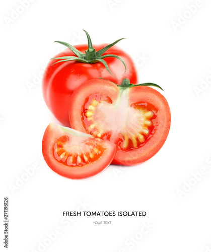 Fresh whole and sliced tomatoes isolated on white background