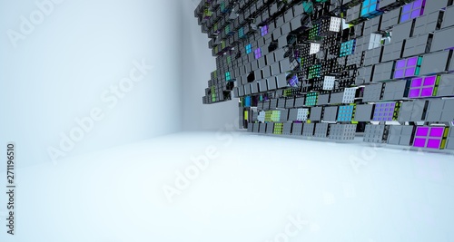 Abstract white, black and colored interior multilevel public space with window. 3D illustration and rendering.