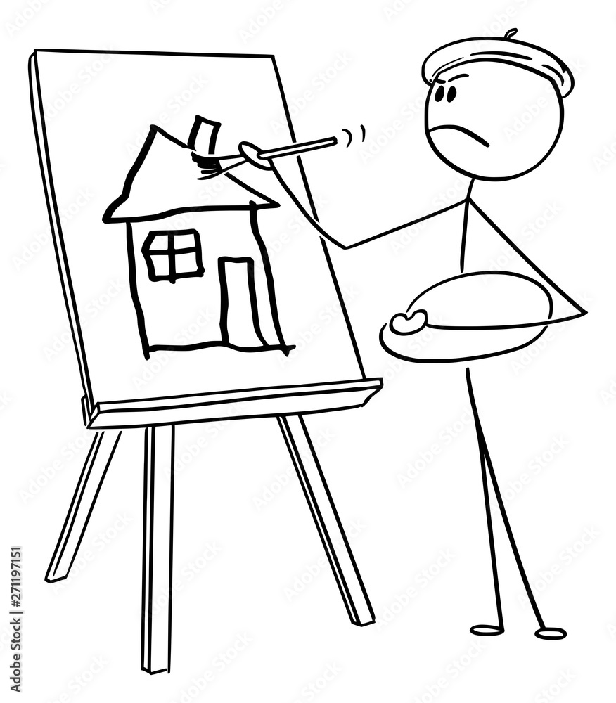Φωτογραφία Vector cartoon stick figure drawing conceptual illustration of self-important man or artist with beret and palette painting amateurish house on canvas with brush