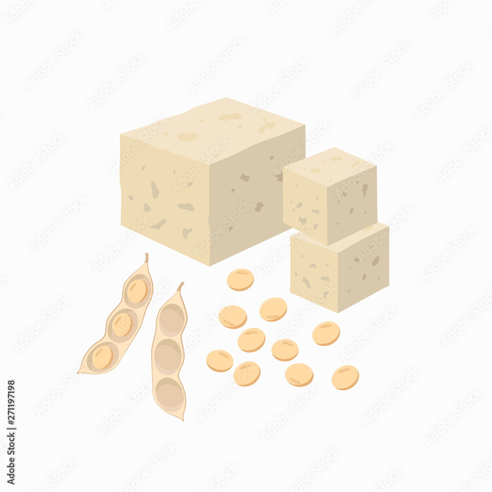 Tableau sur toile Tofu and soy bean pod with soy seeds isolated on white background