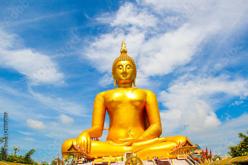 Big Golden Buddha with blue sky blue at Wat Muang  Ang Thong Province  Thailand