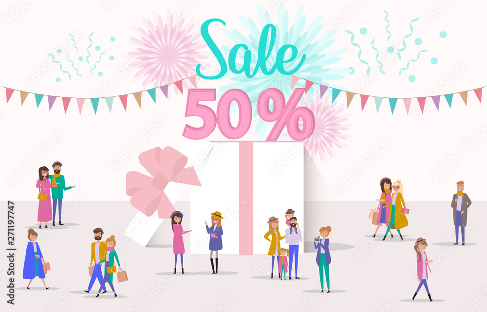 Sale poster background. Flat design of group people walking in the shop. Editable vector illustration. Sale poster background. Flat design of group people walking in the shop. Editable vector illustration.