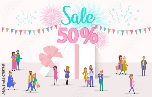 Sale poster background. Flat design of group people walking in the shop. Editable vector illustration.
