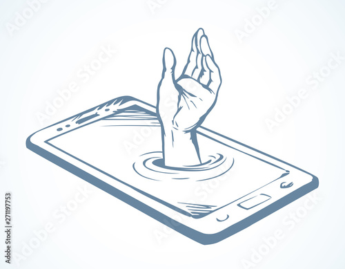 Dependence on the phone. Hand drowning in the screen. Vector drawing Stock  Vector | Adobe Stock
