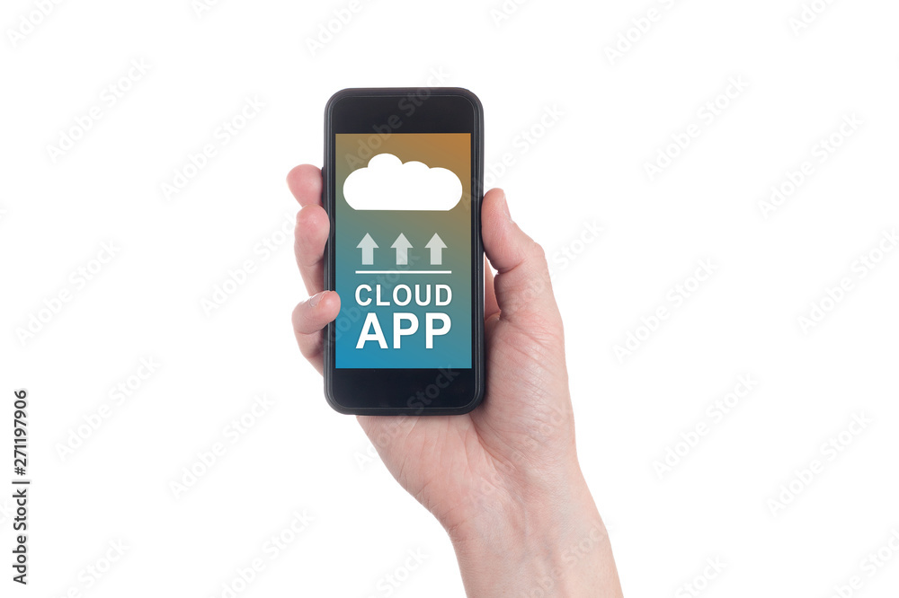Cloud uploading concept on phone screen. Man hand hold phone with cloud uploading.