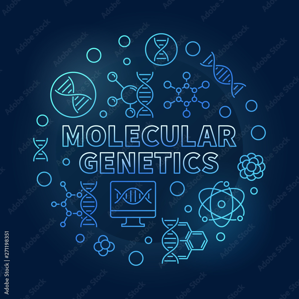 Molecular Genetics vector blue circular biology concept outline illustration on dark background