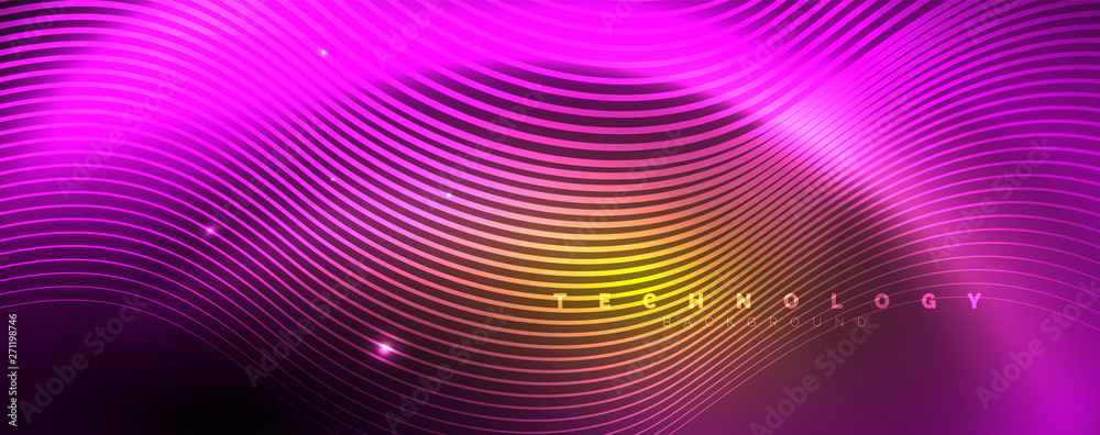 Bright neon circles and wave lines, glowing shiny background design template, digital techno concept.