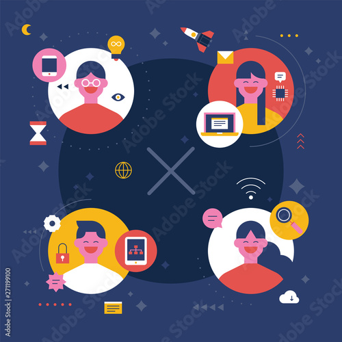 Fototapeta Naklejka Na Ścianę i Meble -  People who communicate on the Internet with a network concept. flat design style minimal vector illustration