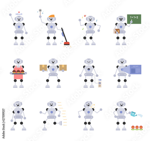 A robot character that looks at various tasks instead of people. flat design style minimal vector illustration