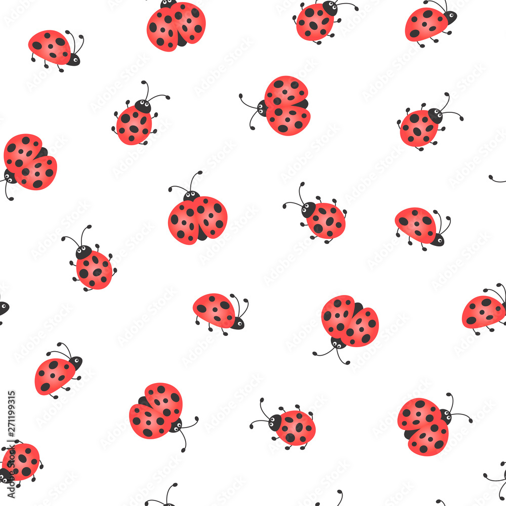 Seamless background. Flying Ladybugs on white. Bright summer vector Seamless background. Flying Ladybugs on white. Bright summer vector