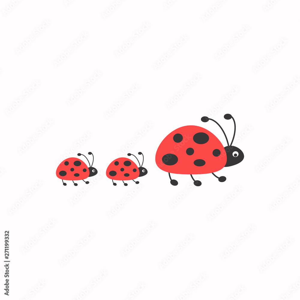 Ladybug family walking. Ladybug with children. Flat summer icon in black and red. Ladybug family walking. Ladybug with children. Flat summer icon in black and red.