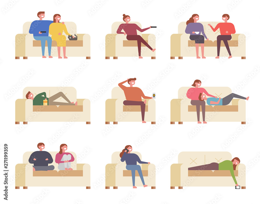 People are sitting comfortably on the sofa in various poses and watching  the Television. flat design style minimal vector illustration vector de  Stock | Adobe Stock