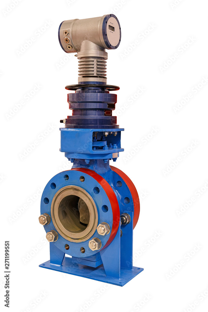 modern shut-off valve with automatic and manual control for a gas pipeline isolated on white background. modern shut-off valve with automatic and manual control for a gas pipeline isolated on white background.
