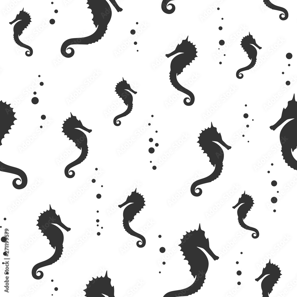 Fototapeta premium Seamless pattern with black sea-horse or hippocampus on white background.