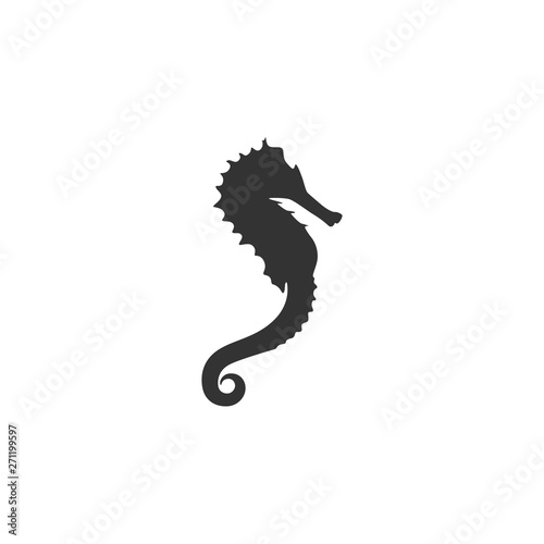 black sea-horse or hippocampus on white background. Marine seahorse simple icon.