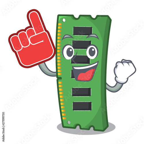 Foam finger RAM memory card above cartoon table