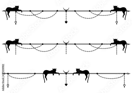 set of vector divider with stylized cat or panther, chain and sign of Mars, Venus and heart in black and white