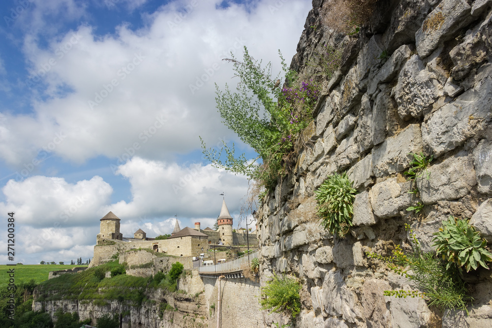Mediaeval fortress with castle wall on foreground. Kamianets-Podilskyi, Ukraine Mediaeval fortress with castle wall on foreground. Kamianets-Podilskyi, Ukraine