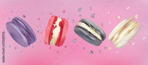 3d realistic macaroons in pink background. Set colorful french sweet in motion. Differend french macaroons. Falling macaroons. Vector illustrator.