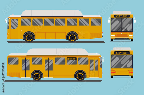 Cool modern flat design public transport items city transit shorter distance bus, side and front view. Retro vintage bus. Big tour bus.