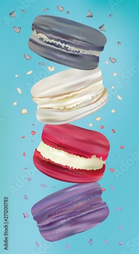 Colorful macaroon in motion isolated on blue background. Differend sweet french macaroons close up. Falling macaroons. 3d vector iliustration