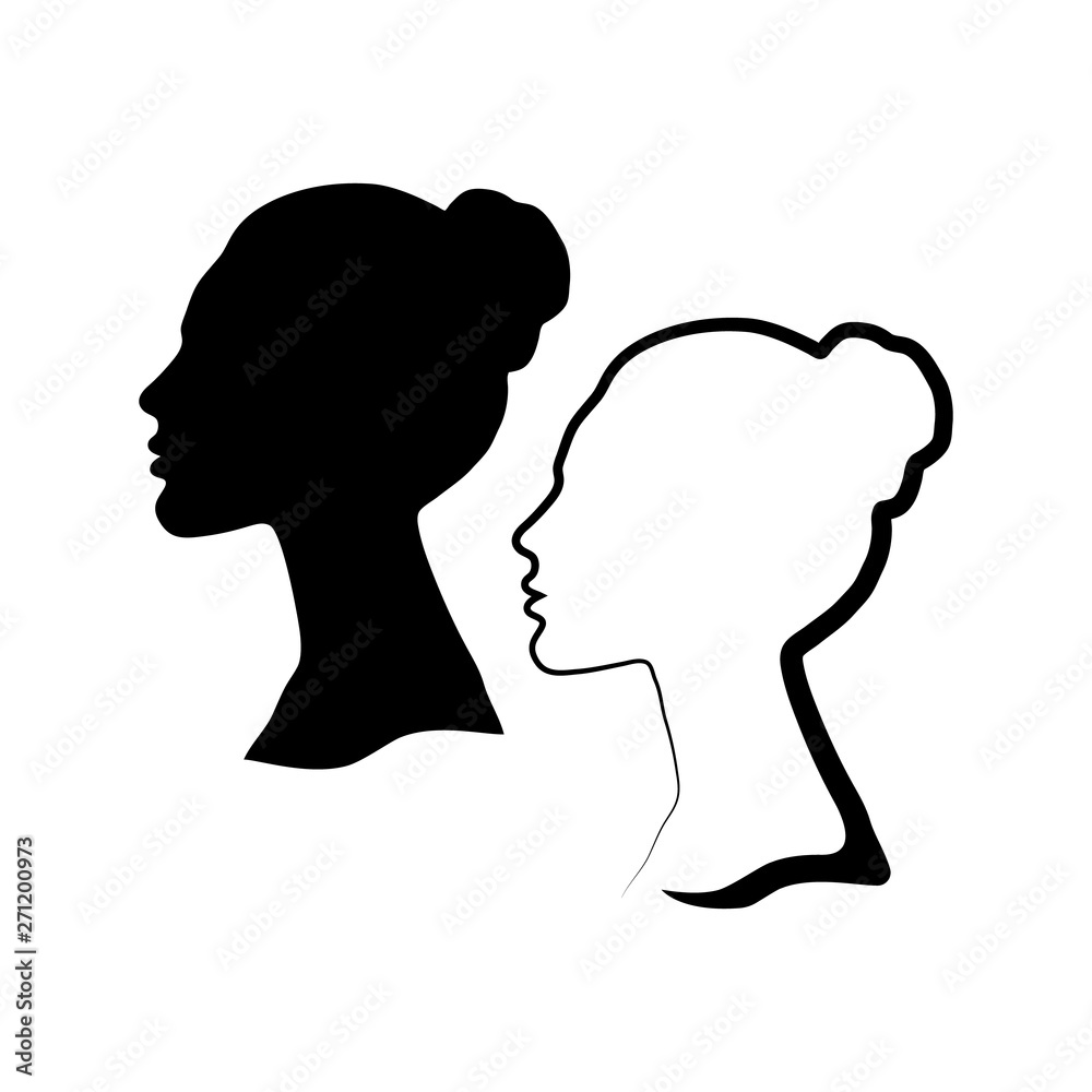 Woman head silhouette, face profile, vignette isolated on white background. Vintage design for invitation, greeting card. Line style.